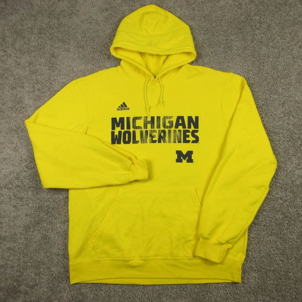 Michigan Wolverines Sweater Mens Large Yellow Hoodie Sweatshirt Adidas Fleece